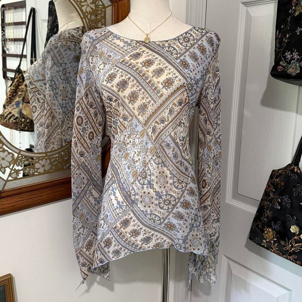 VTG Y2K Vixen Sheer Light Blue & Brown Boho Floral Patchwork Flare Sleeve Top